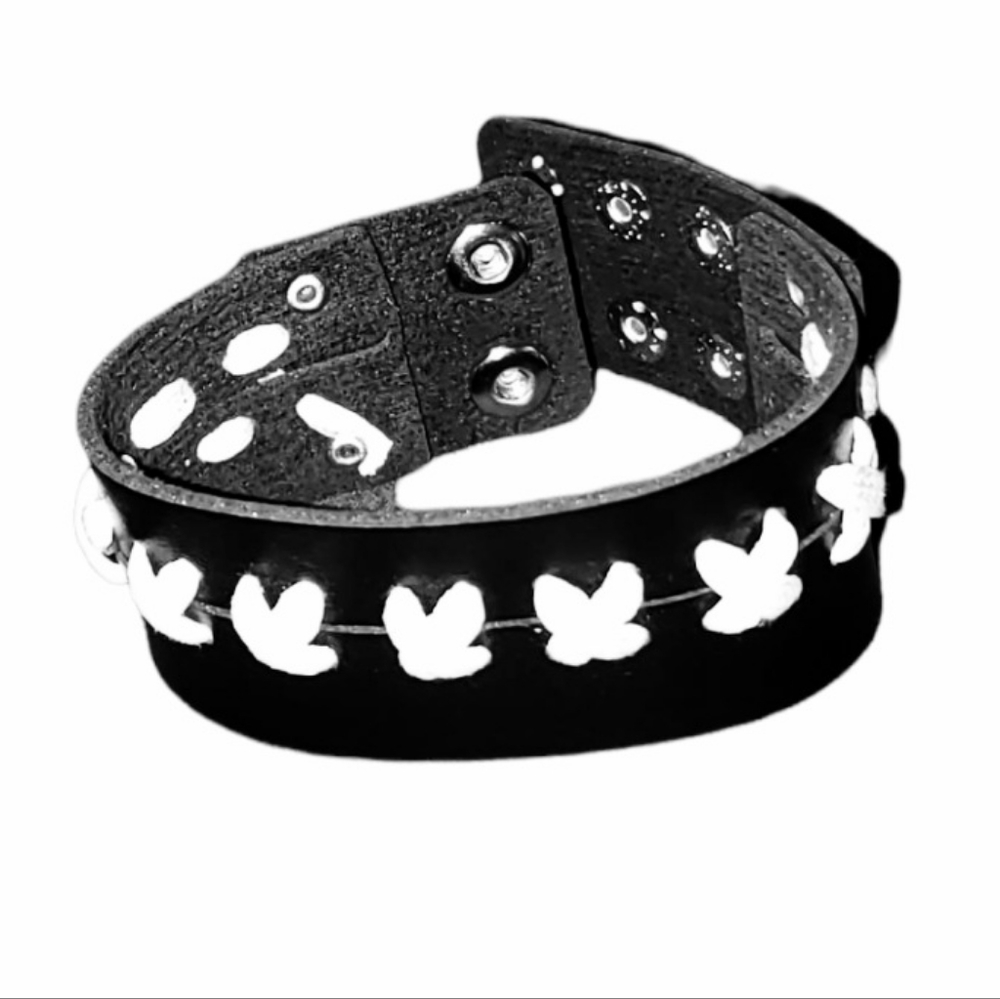 10.5" Black Leather Bracelet Wrist Band 1.5" Wide White Laced Adjustable